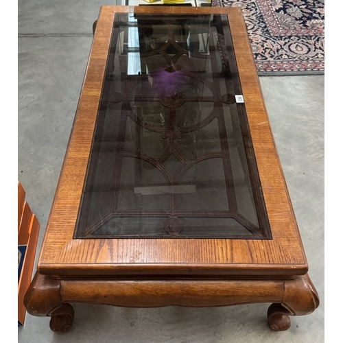 336 - A good quality solid mahogany coffee table on Queen Anne legs and with glass top, COLLECT ONLY.