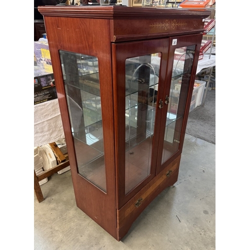 360 - A dark wood stained display cabinet with drawer COLLECT ONLY.