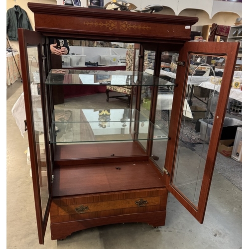 360 - A dark wood stained display cabinet with drawer COLLECT ONLY.