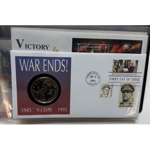 1200D - An interesting album of 20 coin covers & other coin sets including US $5 Pearl Harbour, UK Jubilee £... 