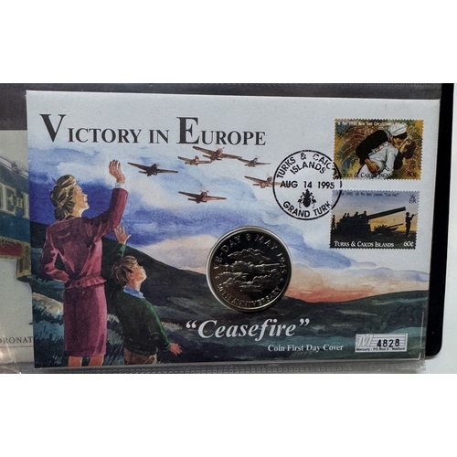 1200D - An interesting album of 20 coin covers & other coin sets including US $5 Pearl Harbour, UK Jubilee £... 