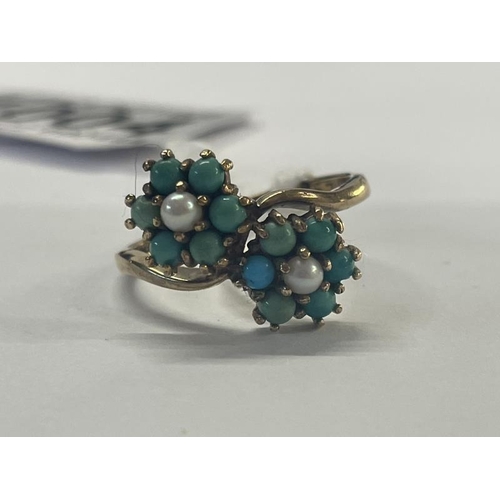 1004 - An Edwardian yellow gold turquoise and pearl ring, size P half, 3.1 grams.