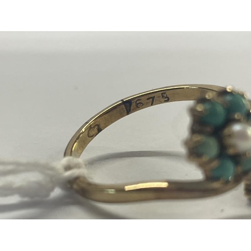 1004 - An Edwardian yellow gold turquoise and pearl ring, size P half, 3.1 grams.