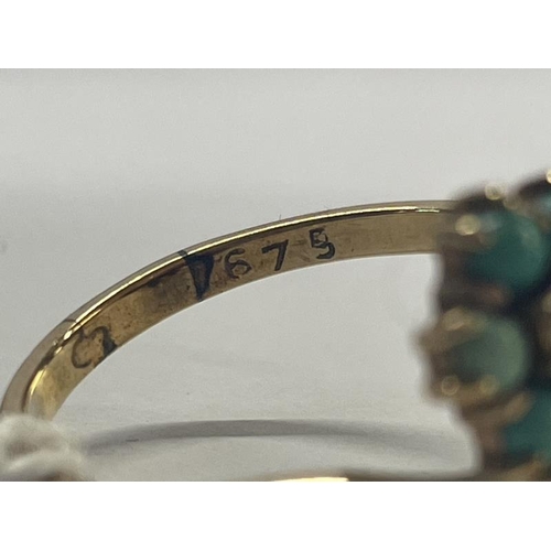 1004 - An Edwardian yellow gold turquoise and pearl ring, size P half, 3.1 grams.