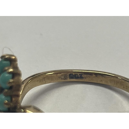 1004 - An Edwardian yellow gold turquoise and pearl ring, size P half, 3.1 grams.