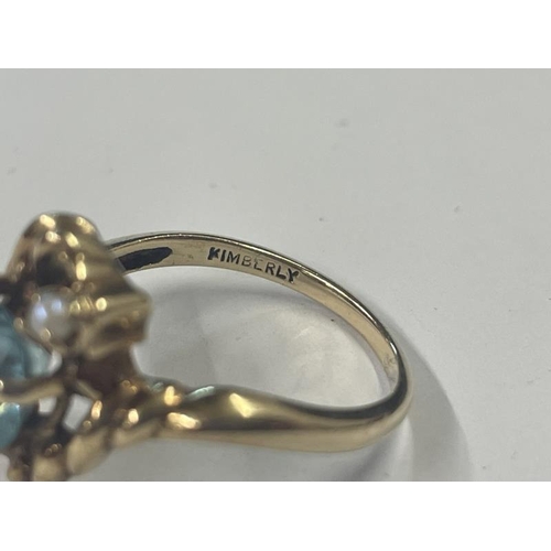 1010 - A 10ct yellow gold aqua and pearl ring, size L, 2.83 grams.