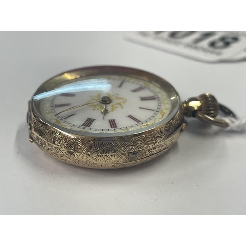 1018 - A 14ct gold cased ladies fob watch with enamelled dial, 34mm diameter, total weight 29 grams.