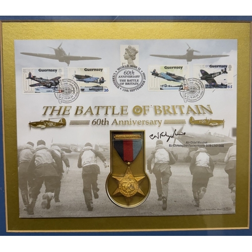 1456 - A framed & glazed The Battle of Britain 60th anniversary signed medal cover, Air Chief Marshal Foxle... 