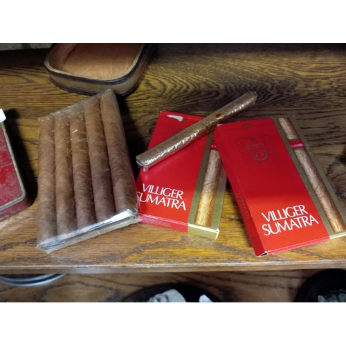 392 - A vintage leather Flor De Tabacos cigar box with cigars & 2 cigarette tins including Craven A