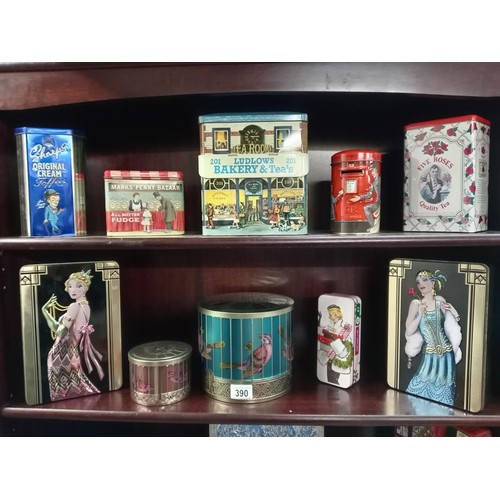 390 - A good selection of collectors tins including Art Deco Confectionary Ltd (2 shelves)