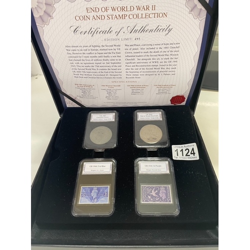 1124 - A cased 'End of WWII' coin and stamp collection.