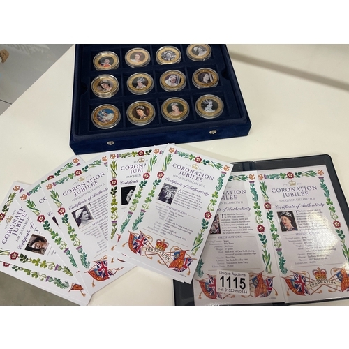 1115 - A cased set of 16 1953 - 2013 Coronation Jubilee gold plated coins and a £5 coin.