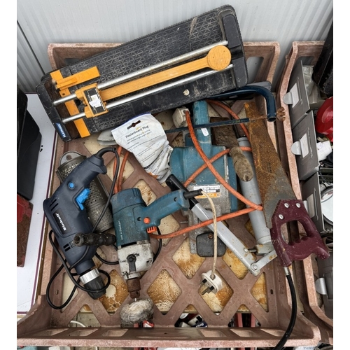 1742 - 2 trays of assorted tools including drills, saws & tile cutter - All working COLLECT ONLY