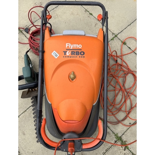 1750 - A Flymo Turbo 330 electric mower & Bosch hedge trimmer - Both working COLLECT ONLY