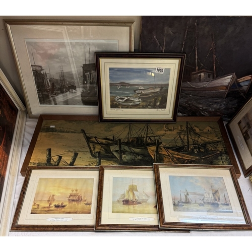 1859 - A quantity of nautical themed prints, paintings etc including a set of 3 Henry Redmore sailing print... 