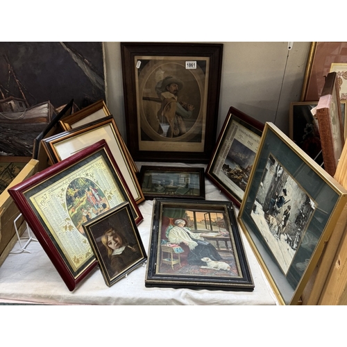 1861 - An old oak framed print of a musketeer, 1937 & 1942 calendars & other figural pictures COLLECT ONLY