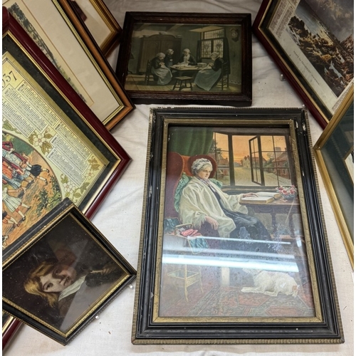 1861 - An old oak framed print of a musketeer, 1937 & 1942 calendars & other figural pictures COLLECT ONLY