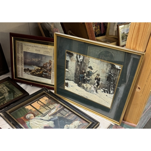 1861 - An old oak framed print of a musketeer, 1937 & 1942 calendars & other figural pictures COLLECT ONLY