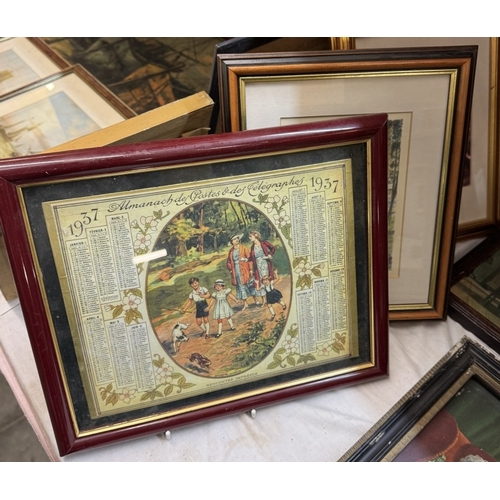 1861 - An old oak framed print of a musketeer, 1937 & 1942 calendars & other figural pictures COLLECT ONLY