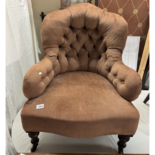 1880 - An Edwardian deep buttoned wing armchair with brown Draylon upholstery COLLECT ONLY