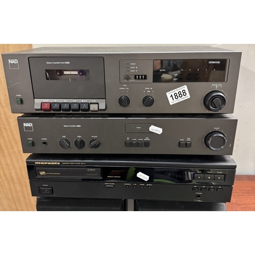 1888 - A NAD stereo amplifier 3020,Cassette deck 6220, Marantz CD-41 compact disc player & A pair of Celest... 