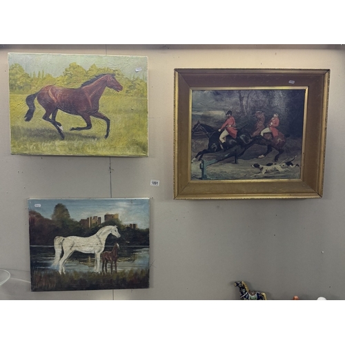 1891 - 2 unframed oil on canvas of horses & A framed overpainted hunting print.