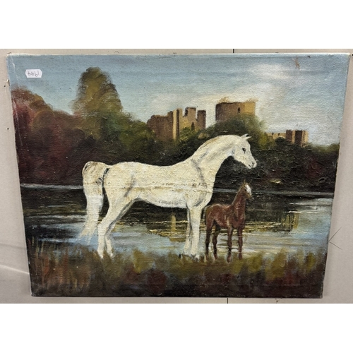 1891 - 2 unframed oil on canvas of horses & A framed overpainted hunting print.