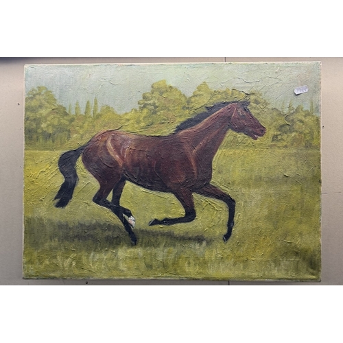 1891 - 2 unframed oil on canvas of horses & A framed overpainted hunting print.