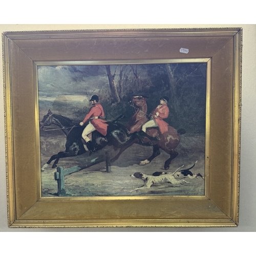 1891 - 2 unframed oil on canvas of horses & A framed overpainted hunting print.