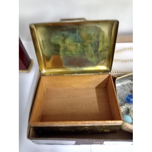 1736 - A vintage brass state express cigarette box & a quantity of costume jewellery