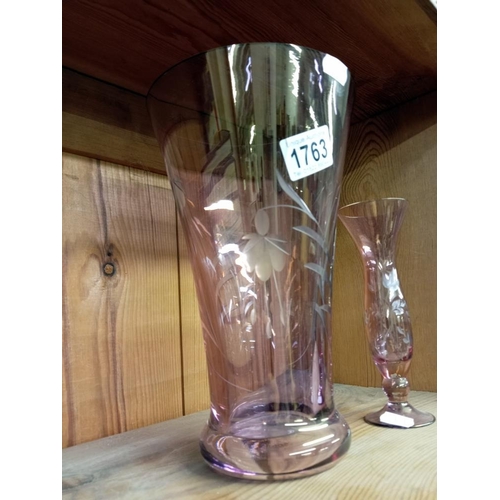 1763 - A tall etched glass vase in purple and a smaller example. COLLECT ONLY.