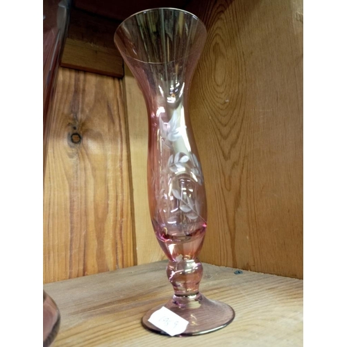 1763 - A tall etched glass vase in purple and a smaller example. COLLECT ONLY.