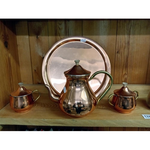 1764 - An Ofida Continental silver plate 5 piece tea set including tray & A copper finish 4 piece tea set i... 