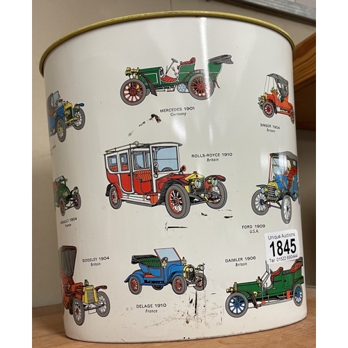 1845 - A vintage Worcester ware tin waste paper bin decorated with vintage cars