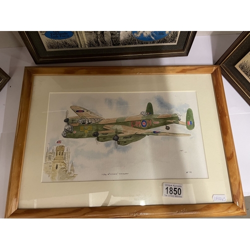 1850 - 4 military watercolours of a Lancaster over Lincoln & 3 Falkland Islands engraved metal pictures COL... 