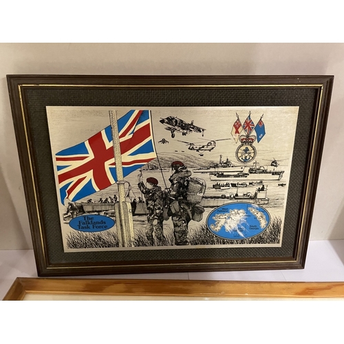 1850 - 4 military watercolours of a Lancaster over Lincoln & 3 Falkland Islands engraved metal pictures COL... 