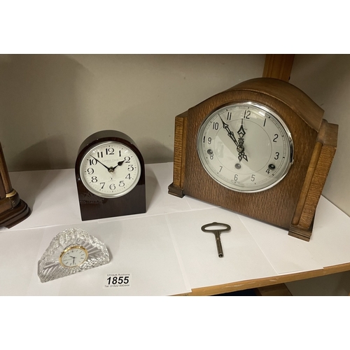 1855 - An Enfield mantle clock, a London clock, company clock & 2 other clocks