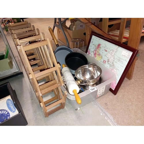 1947 - A box of kitchenalia including wine rack & marble rolling pin etc COLLECT ONLY