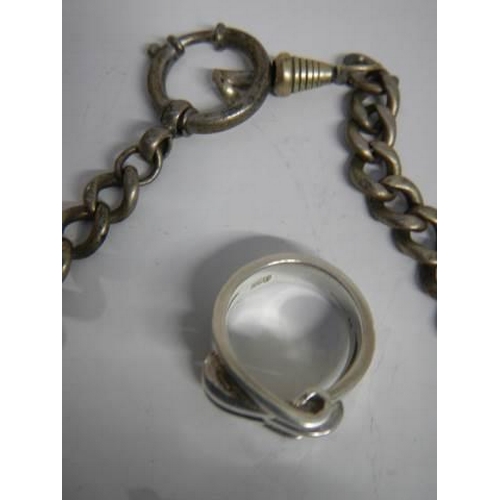 1883 - A silver chain, silver ring and three brooches.