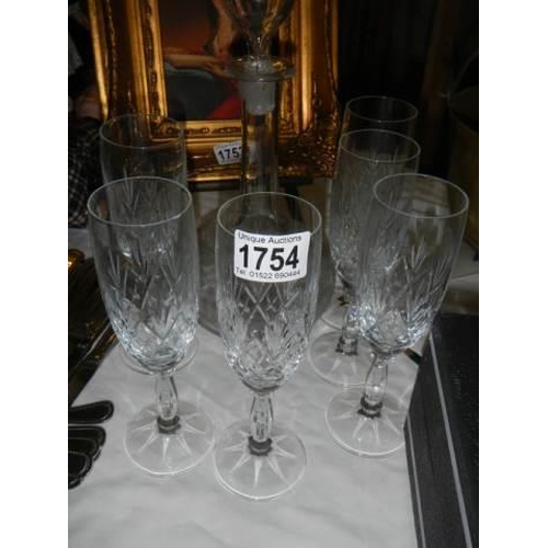 1754 - A mid 20th century glass decanter and six glasses, in good condition.