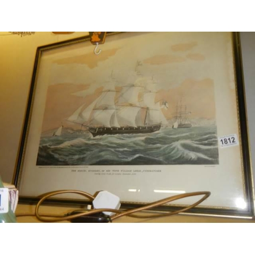 1812 - A framed and glazed nautical scene with a tall ship. COLLECT ONLY.