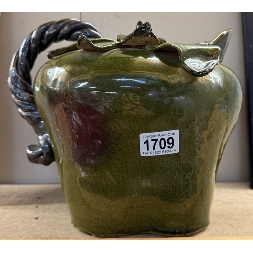 1709 - A large green glazed stoneware jug in form of an apple