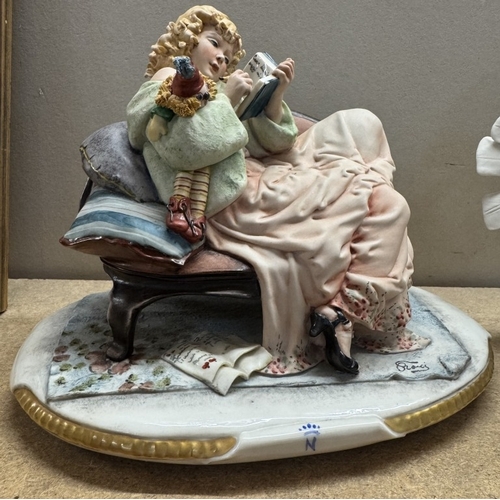 1738 - A continental ceramic dove lamp base (no filling) & a seated figurine