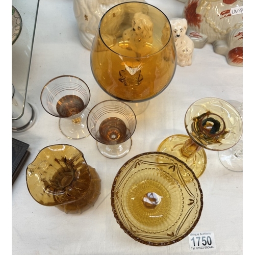 1750 - A quantity of vintage amber glass including brandy glass & candlestick etc.