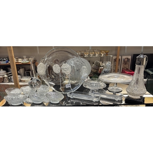 1774 - A selection of glassware including a cake stand, claret jug & Perfume bottle A/F, etc