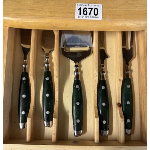 1670 - A good cheese board with polished stone top & drawer with cheese knives