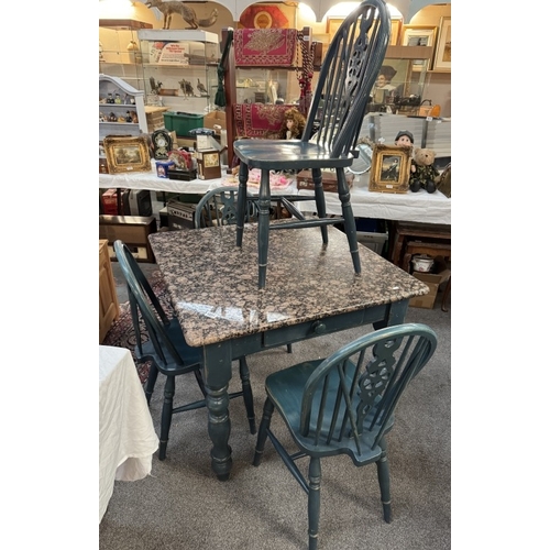 1851 - A green painted pine kitchen table with turned legs & marble effect top & 4 matching chairs. 91cm x ... 