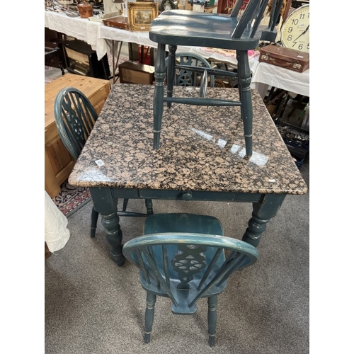 1851 - A green painted pine kitchen table with turned legs & marble effect top & 4 matching chairs. 91cm x ... 