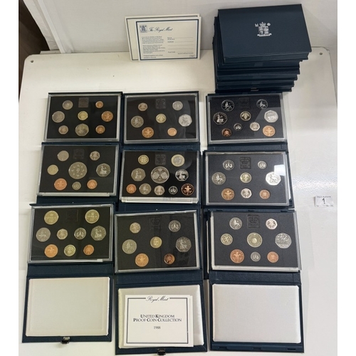 1 - 14 boxed UK proof coin sets, 1983, 1984, 1987 - 1990 & 1992 - 1999