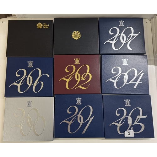 3 - 9 boxed UK proof coin collection sets, 2000 - 2202 & 2004 - 2009 including 2009 Kew Gardens set